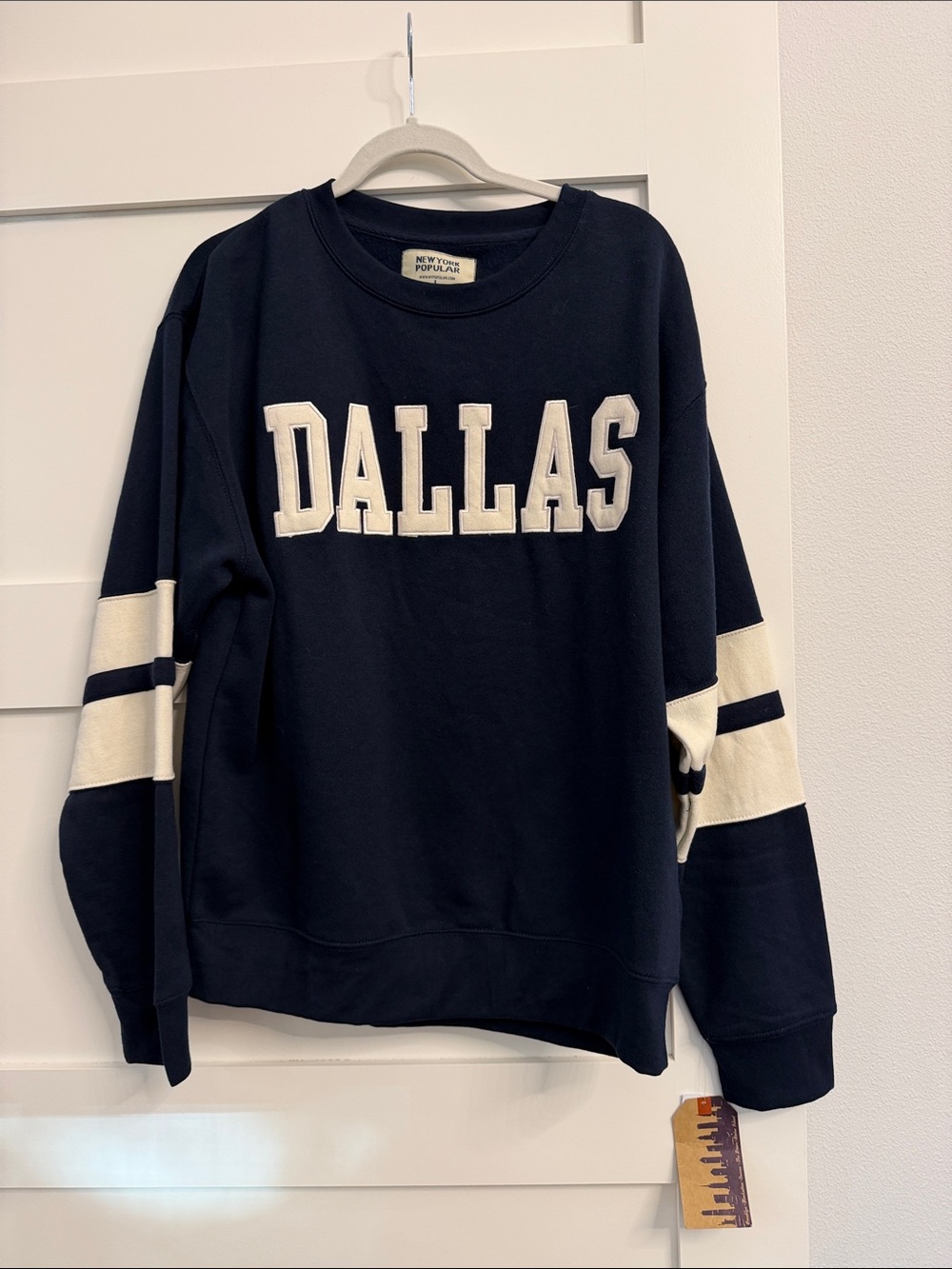 Navy 'DALLAS' Applique Crewneck Sweatshirt with Cream Sleeve Stripes